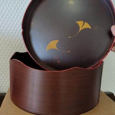 Japanese Chitosebon Tea Ceremony Tray Lacquer Round Box Ginkgo Design 11.3in