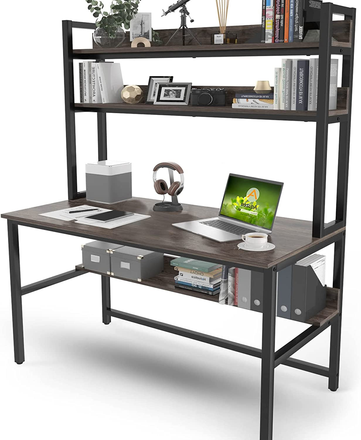 Aquzee Desk with Hutch, (Grey) 65 Inches Height Computer Desk with Space Saving 