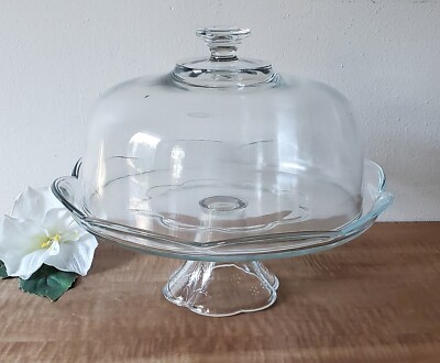 Vintage Pfaltzgraff 12” Glass Cake Stand Dome Cover Scallop Edge