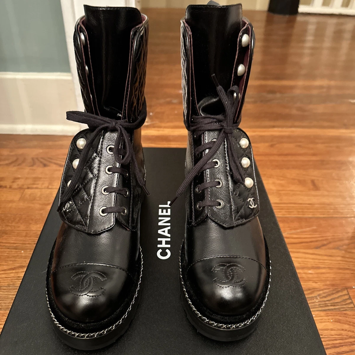 Chanel combat boots shop with pearls