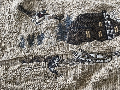 Vintage 90s Shenandoah Mens Deer Fish Hunt Embroidered Knit Sweater USA Size XL - Picture 4 of 9