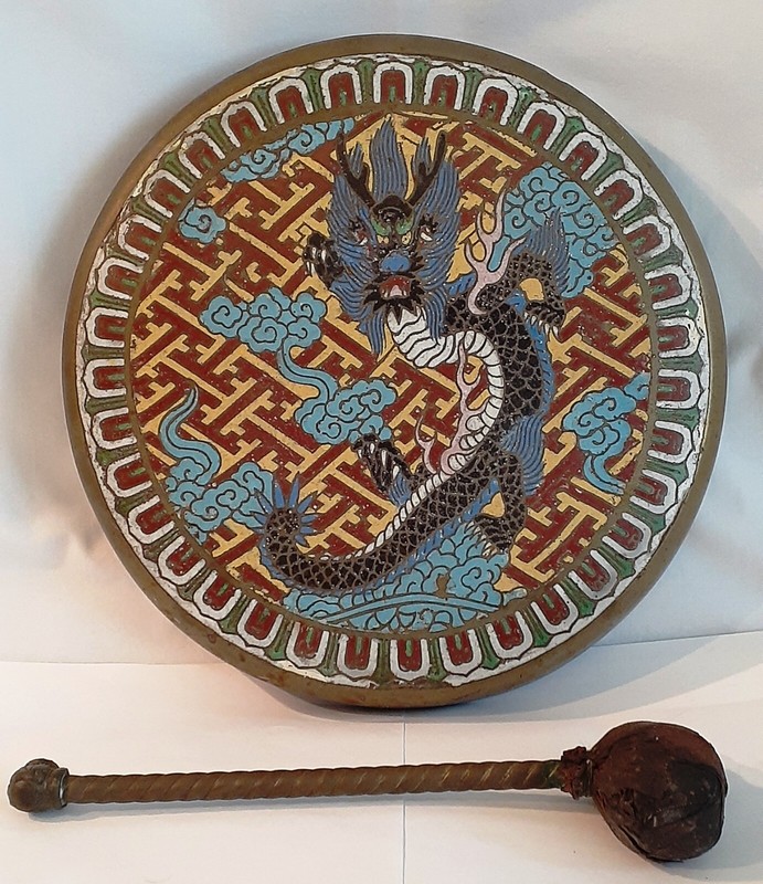 Antique Dragon Gong and Striker, Cloisonné Enamel on Bronze Plate