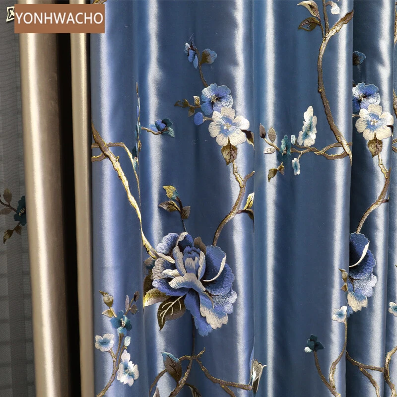 elegante palacio francés seda bordado tela azul apagón cortina cenefa C333 Foto 3 de 4