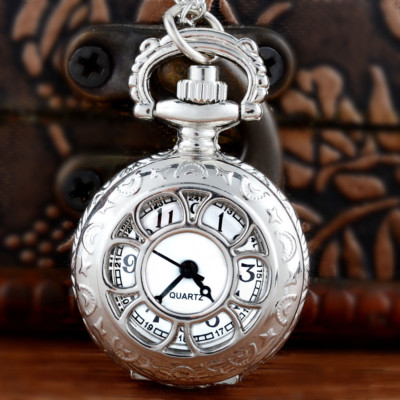 Retro Silver Hollow Petals Pocket Watch Chain Vintage Quartz Necklace Pendant