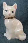 Fenton Cat Figurine Iridescent White Art Glass/ Blue Eyes Signed by B Montgomery