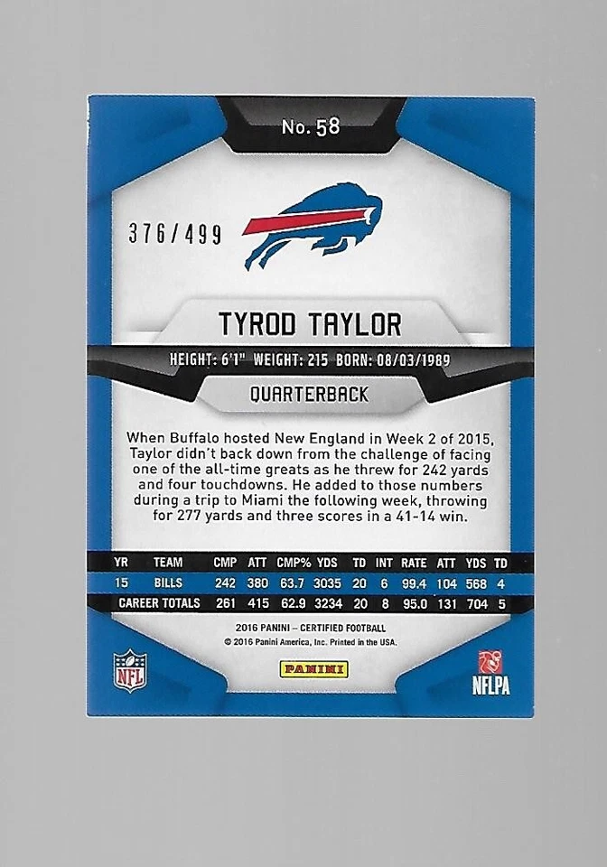 2016   Tyrod Taylor, Panini Certified, Silver, Numbered 376/499 - Image 2 of 2