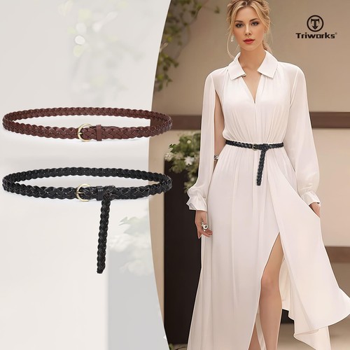 2 Pack Women's Leather Braided Skinny Belts Woven Thin Waist Belts for Jeans ... - Picture 2 of 7