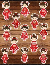 Japanese Doll Die Cut Vinyl Stickers Set Scrapbooking Laptop Waterbottle 