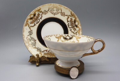 Vintage Shafford Black Gold Tea Cup, Saucer & Brass Ardalt #4825 Italy Holder