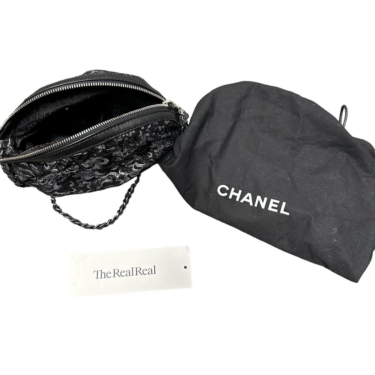 Chanel Camellia CC Black & Silver Chain Link Handle Zip Top Chanel Camellia CC Black & Silver Chain Link Handle Zip Top