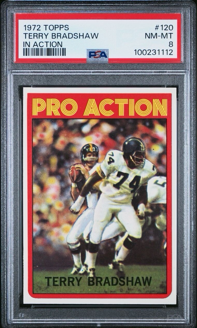 1972 TOPPS IN ACTION #120 TERRY BRADSHAW HOF PSA 8