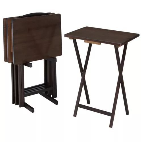 Indoor Folding Table Set of 4 in Walnut L19x W15 x H26 in. 4 Tables+1 Rack Stand - Picture 3 of 7