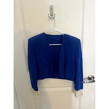 Blue Cropped Jacket with White Lace Sleeve Detail One Size Fits Like S