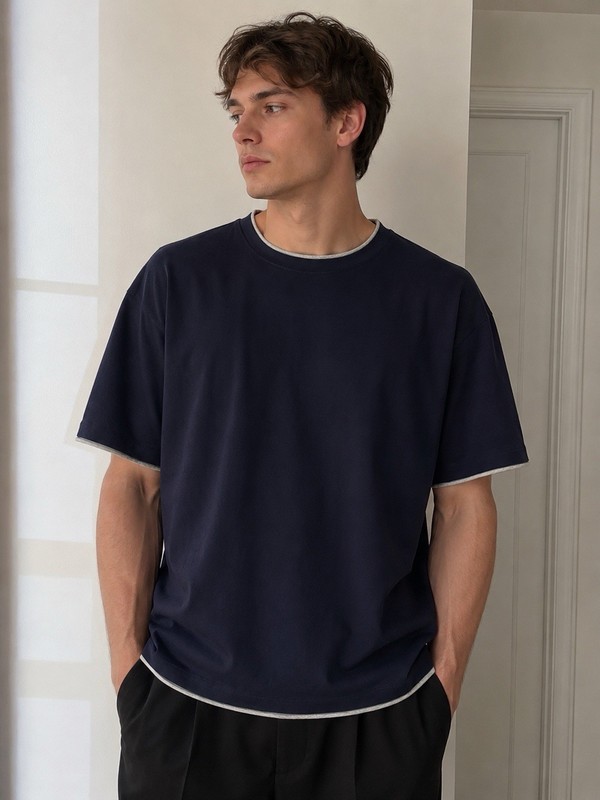 Brunello Cucinelli Silk/ Cotton Layered Crewneck T-Shirt Navy,size L (50), Italy
