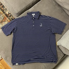 Peter Millar Mens Golf Polo Size XL Striped Navy Blue Pinehurst 1895 Logo