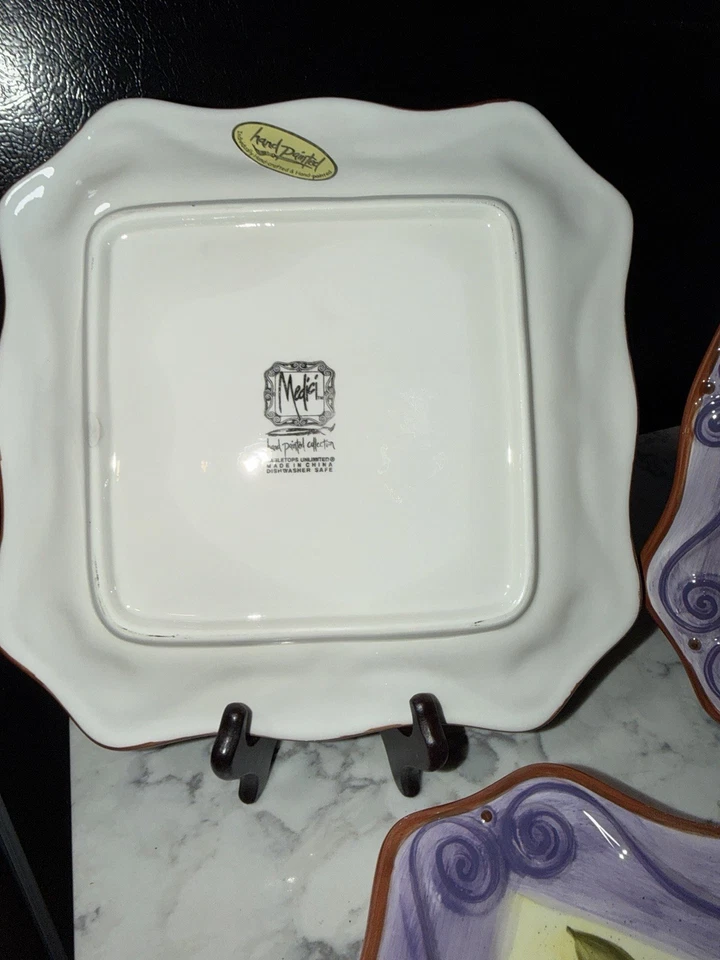 Set 4 Tabletops Unlimited Medici Hand Painted Square 11" Plates Colorful Fruit - Image 4 of 4