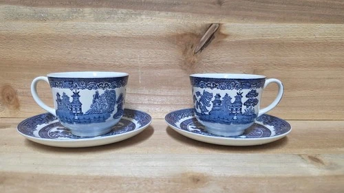 Set of 2 Johnson Brothers Willow Blue 2 5/8" Flat Cup & Saucer Sets ENGLAND