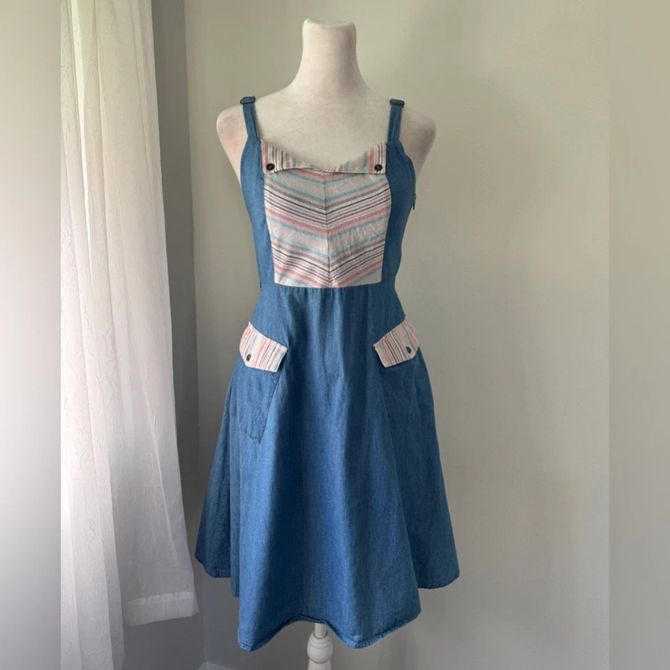 Modcloth Happiness and Cheers Chambray Striped Sleeveless A-Line Mini Dress - Image 3 of 4