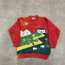 Vintage Peruvian Red Embroidered Animal Farm Cottagecore Sweater Sz M