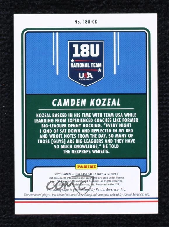 2023 Panini USA Baseball Stars & Stripes /10 Camden Kozeal #18U-CK Auto - Image 2 of 2