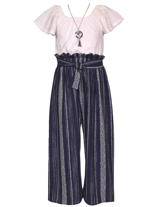 NEW Bonnie Jean Girl Size 7 "IVORY EYELET NAVY CREPE" Jumpsuit Necklace Set NWT