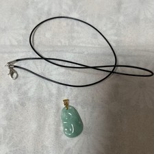 Green Jade Pendant Necklace with Leather Cord  18k Gold Hardware