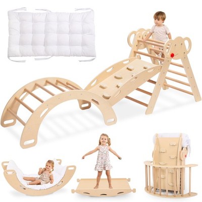 Pikler Triangle Foldable 8-in-1 Jungle Gym Reversible Animal Slide Teak F963