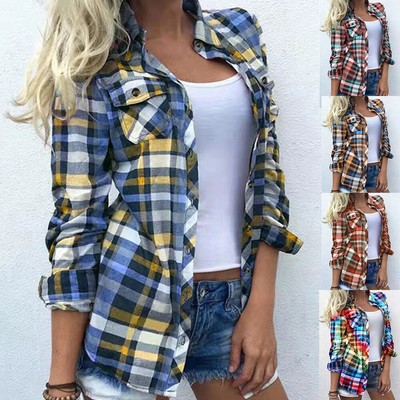 Damen-Bluse Mit Knopfleiste Langärmeliges Oberteil Lockere Karierte §