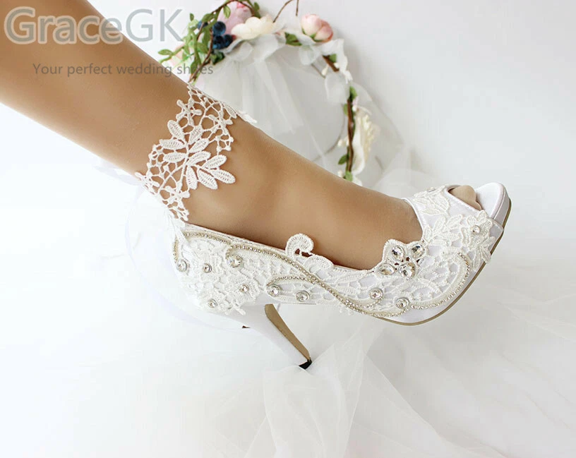 Satin Ivory White bride woman wedding shoes high heels peep