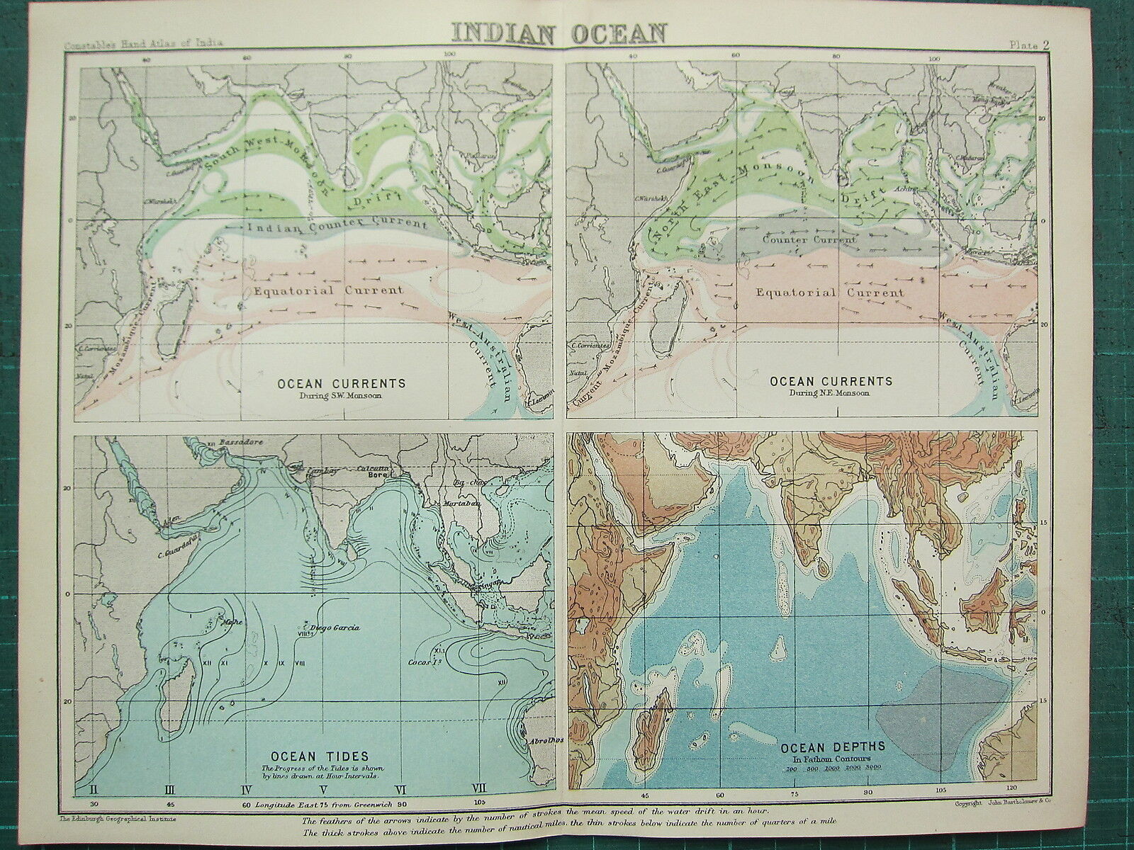1893 INDIA EMPIRE MAP ~ INDIAN OCEAN ~ CURRENTS TIDES MONSOON DEPTHS