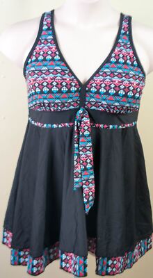 Women Plus Size Two Piece Black Multi Color Trim Swim Dress & Bottoms Pick Size