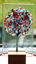 Fused Glass small pane Tree with Wooden stand very pretty approx 10cm x 6cm