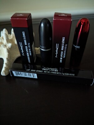 MAC 3 pc Bundle 2 Lipsticks Dubonnet and E for Effortless + Lip Prime + Prep NIB