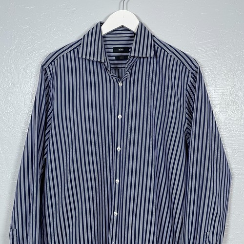 Hugo Boss Men 43 17 Navy Blue White Stripe Shirt Slim Fit Two Ply Spread Collar - Picture 3 of 10
