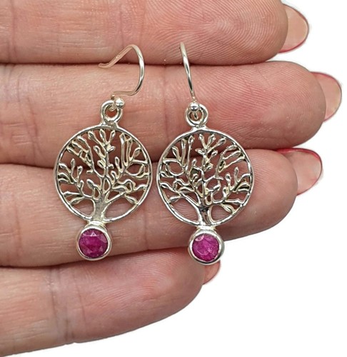 Tree of Life Ruby Earrings, Sterling Silver, July Birthstone, Natural Ruby gems - Picture 2 of 7