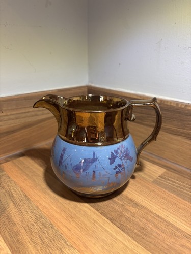 Antique Copper Lustre Jug with Blue & purple lustre painting X 5 - Picture 5 of 23