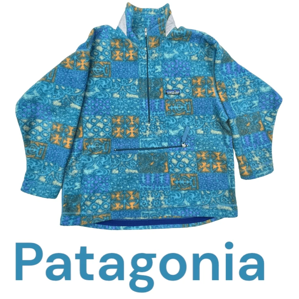Patagonia Sweater Kids Printed Half Zip Mock Neck Fleece Synchilla Blue Sz 14 - Image 2 of 4