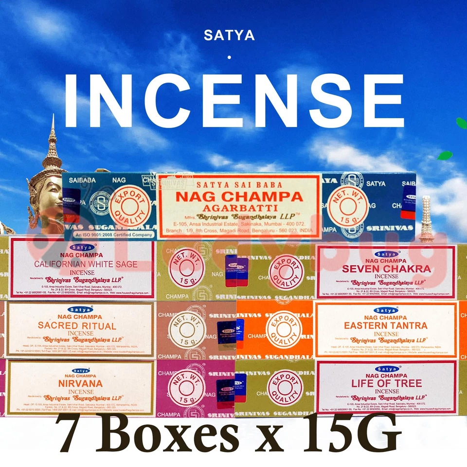 7 Boxes Mixed Variety Pack Nag Champa Satya Incense Sticks 15g - Set B