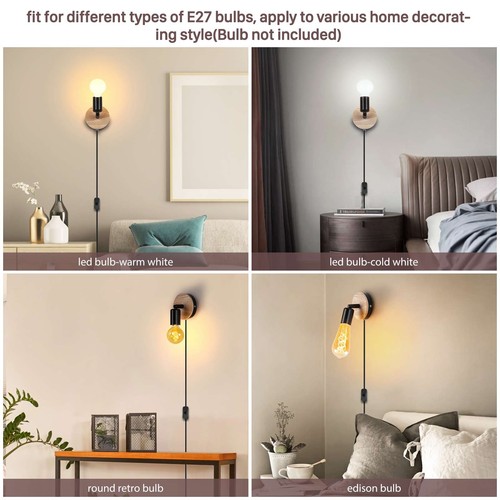Plug in Wall Lights w/ Switch Wall Lights Indoor Wood Wall Light 360° Rotatable - Picture 5 of 7