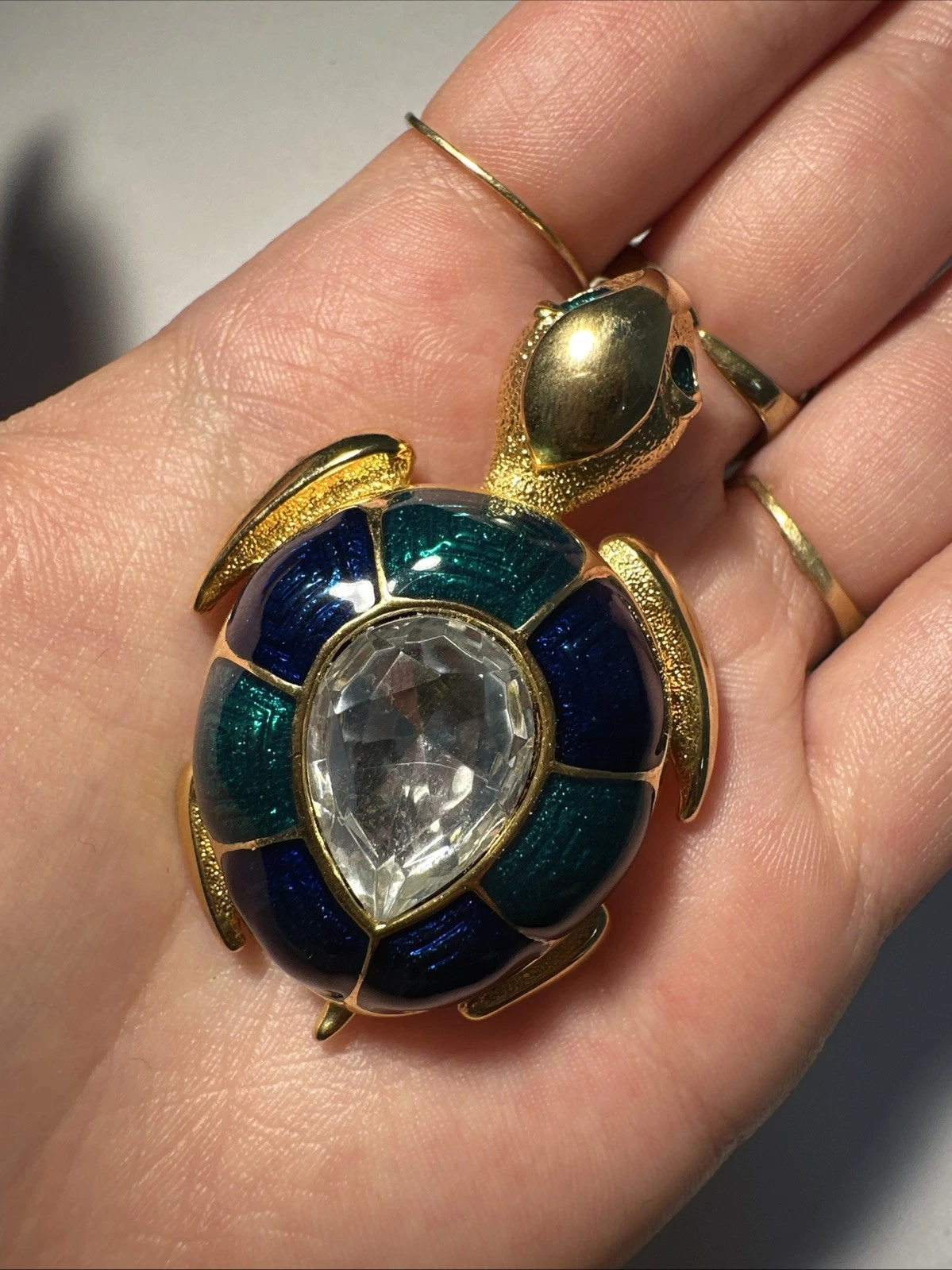 Broche Tortue, Dorée, Bleue Et Verte, Nacrée Avec Strass Blanc Bijoux Fantaisie