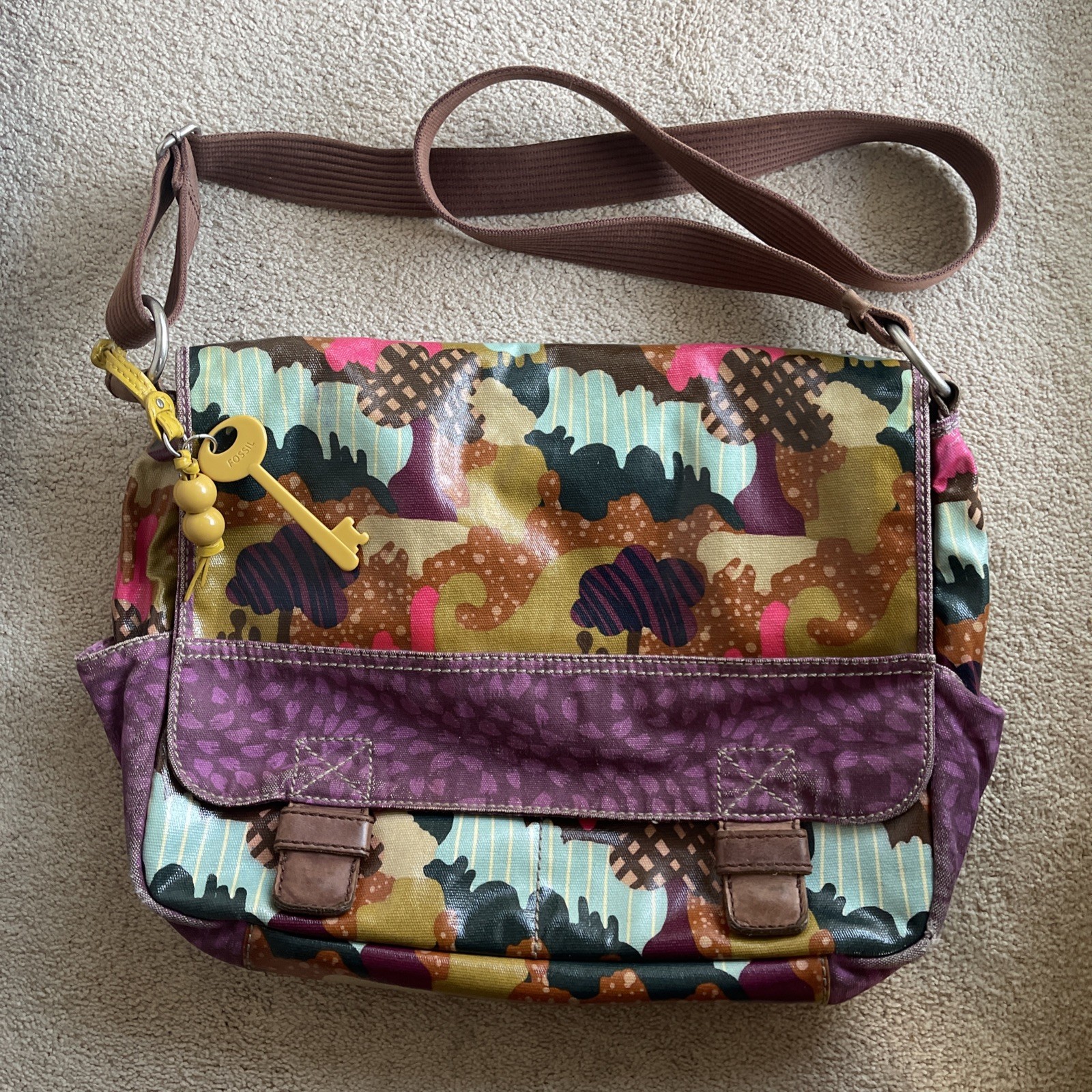Vintage Fossil Key Per Mod Floral Print Coated Canvas Laptop Messenger Bag