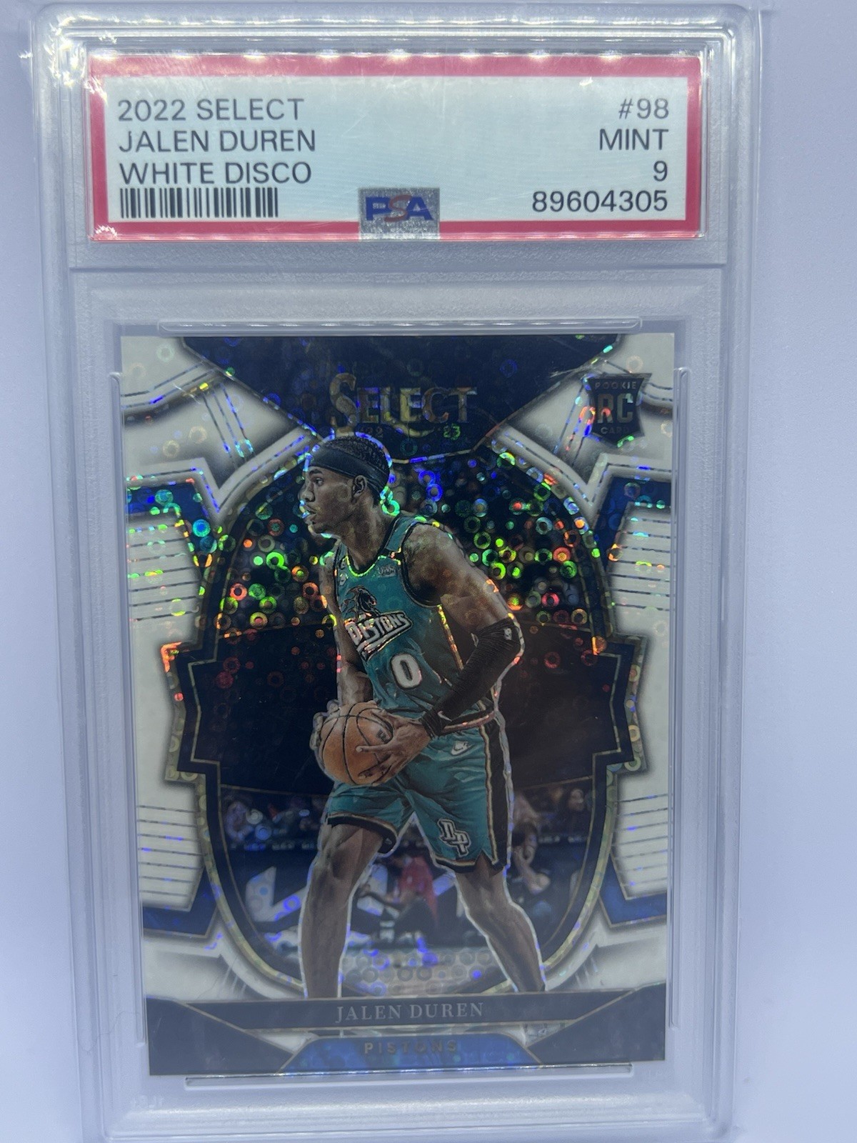 2022-23 Panini Select Concourse Jalen Duren #98 White Disco Prizm /75 (RC) PSA 9