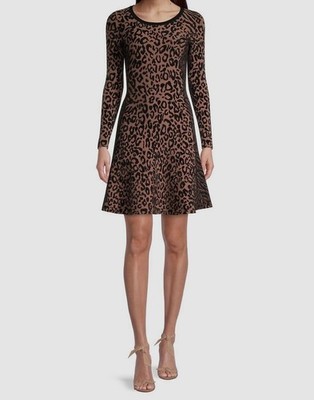 Milly Sz L Textured Cheetah Flare Midi Dress Stretch Brown Black Pullover