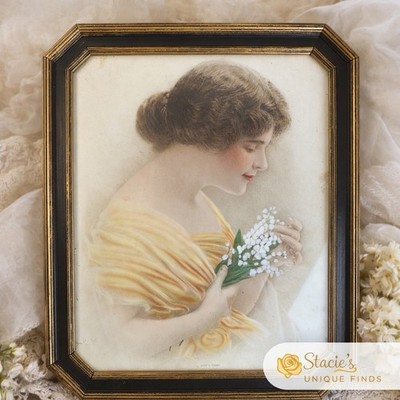 Vintage Framed Love s Token Print Woman Lilies Art Nouveau Styl