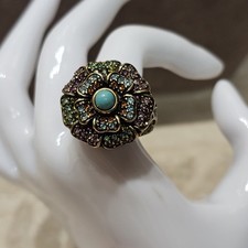 Heidi Daus Floral Crystal Ring Turquoise Center Multi Color Statement Size 10.5