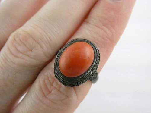 Vintage Chinese Export Sterling Silver Red Coral Poison Locket Ring Adjustable