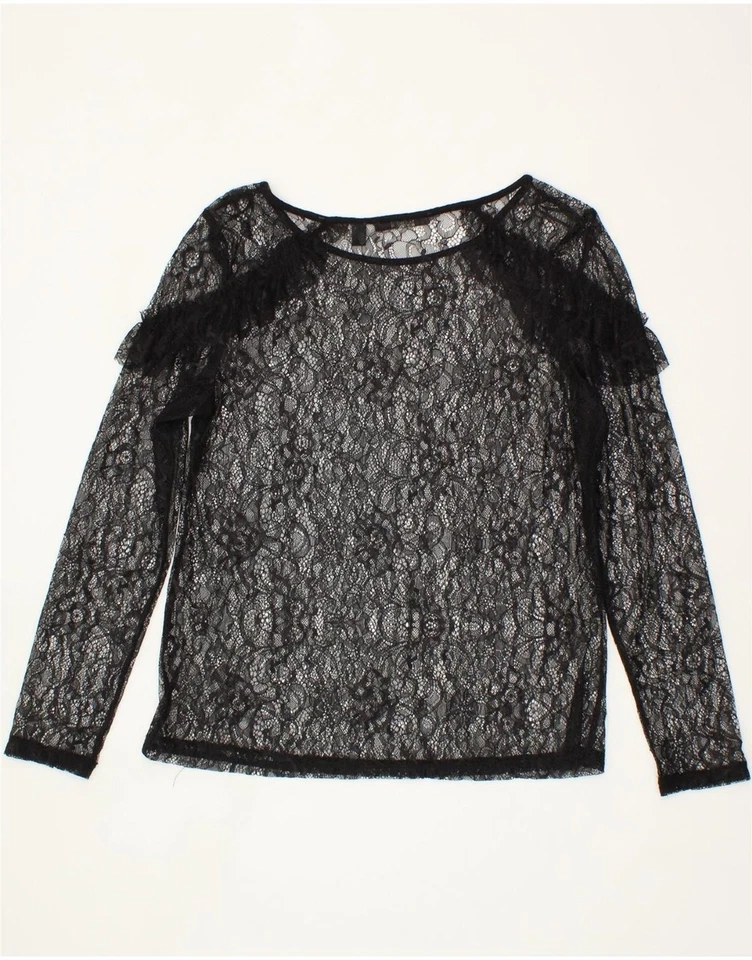 Blusa Top ESPRIT Mujer Ver a Través Manga Larga Reino Unido 16 Grande Negra Floral CO68 Foto 2 de 3