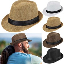 Mens Womens Beach Sun Straw Panama Fedora Summer Flat Brim Hat Big Brim Band Cap