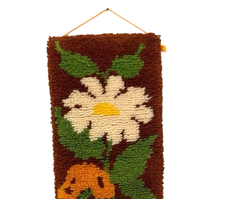 Groovy 70s Floral Latch Hook Rug Wallhanging Flower Power 12x47 in.