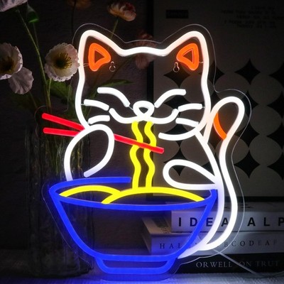 OYCGZV Cat Ramen Neon Schild Buntes Led Neon Schild Wand Katze Noodles Neon S...